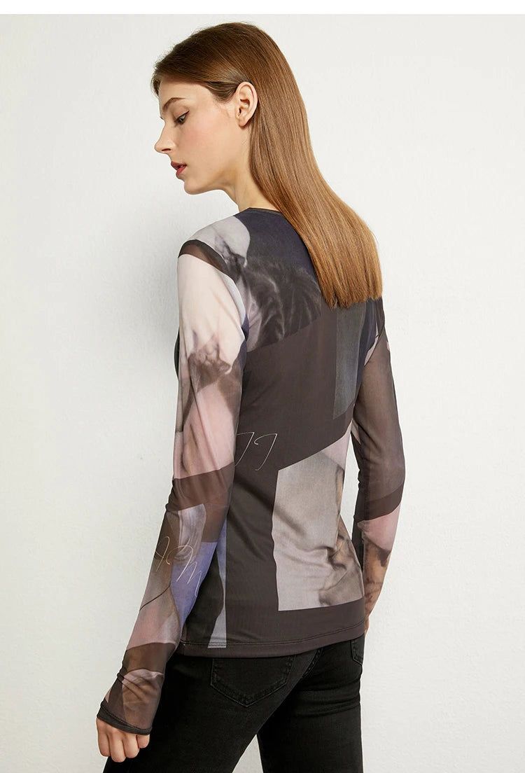 Women’s Long Sleeve Mesh Print T-Shirt – Slim Trendy Spring Top