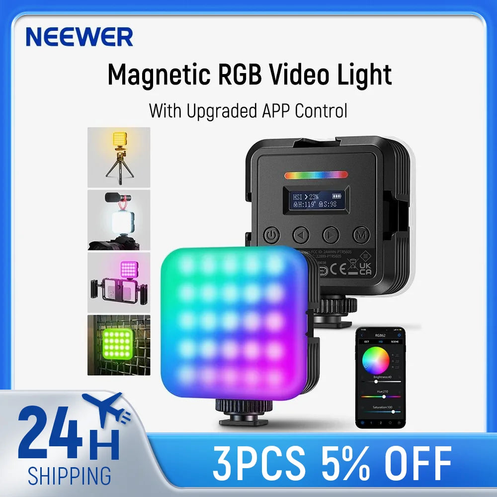 NEEWER RGB62 Magnetic RGB Video Light with APP Control – 360° LED Fill Light for Photography & Vlogging