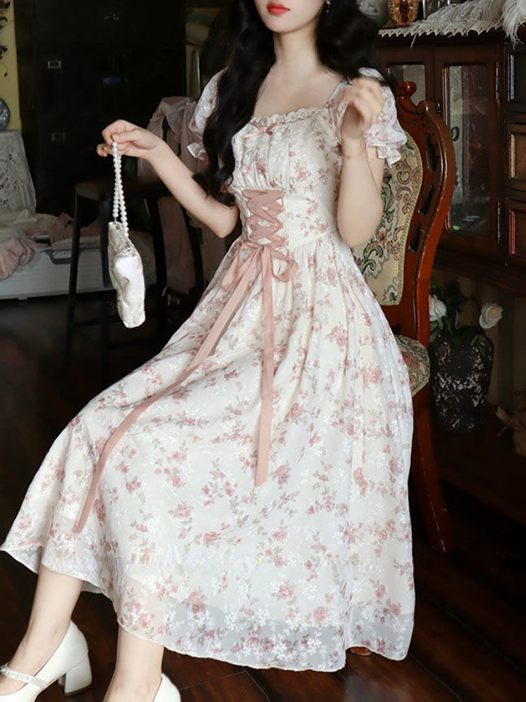 Women’s Summer Lace Fairy Dress – Square Collar Floral Princess Dress
