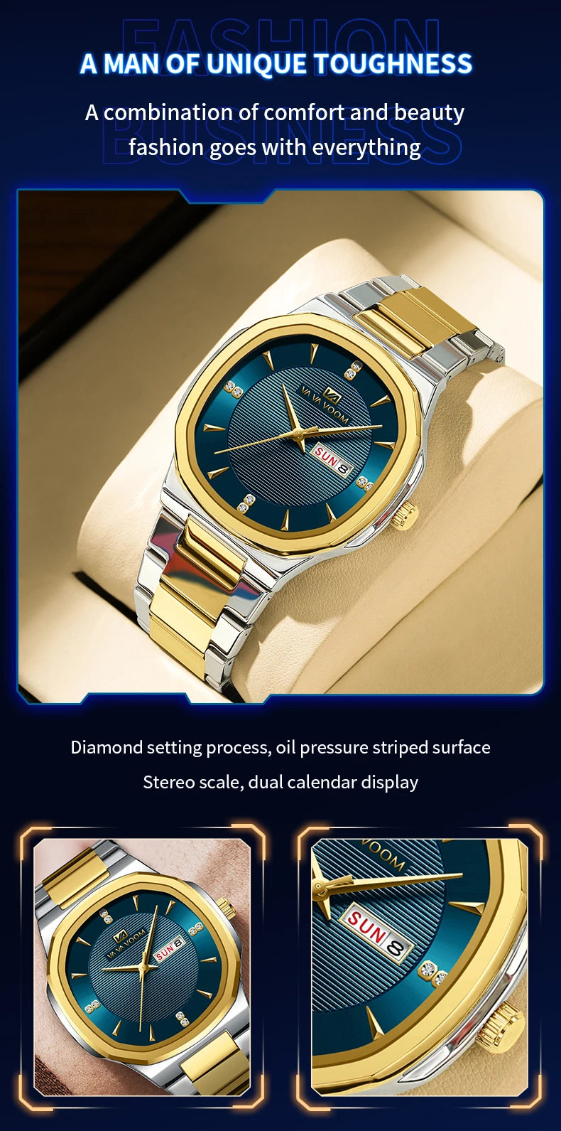 Luxury Diamond Men’s Watch – Stainless Steel Dual Date & Week Display