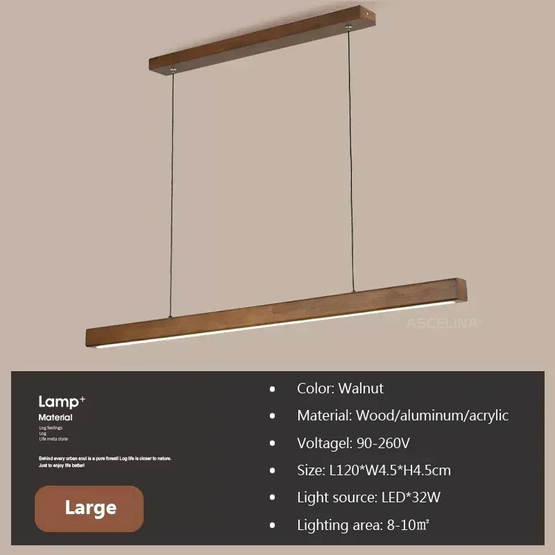 Nordic Wood LED Pendant Light – Long Strip Dining Table Fixture
