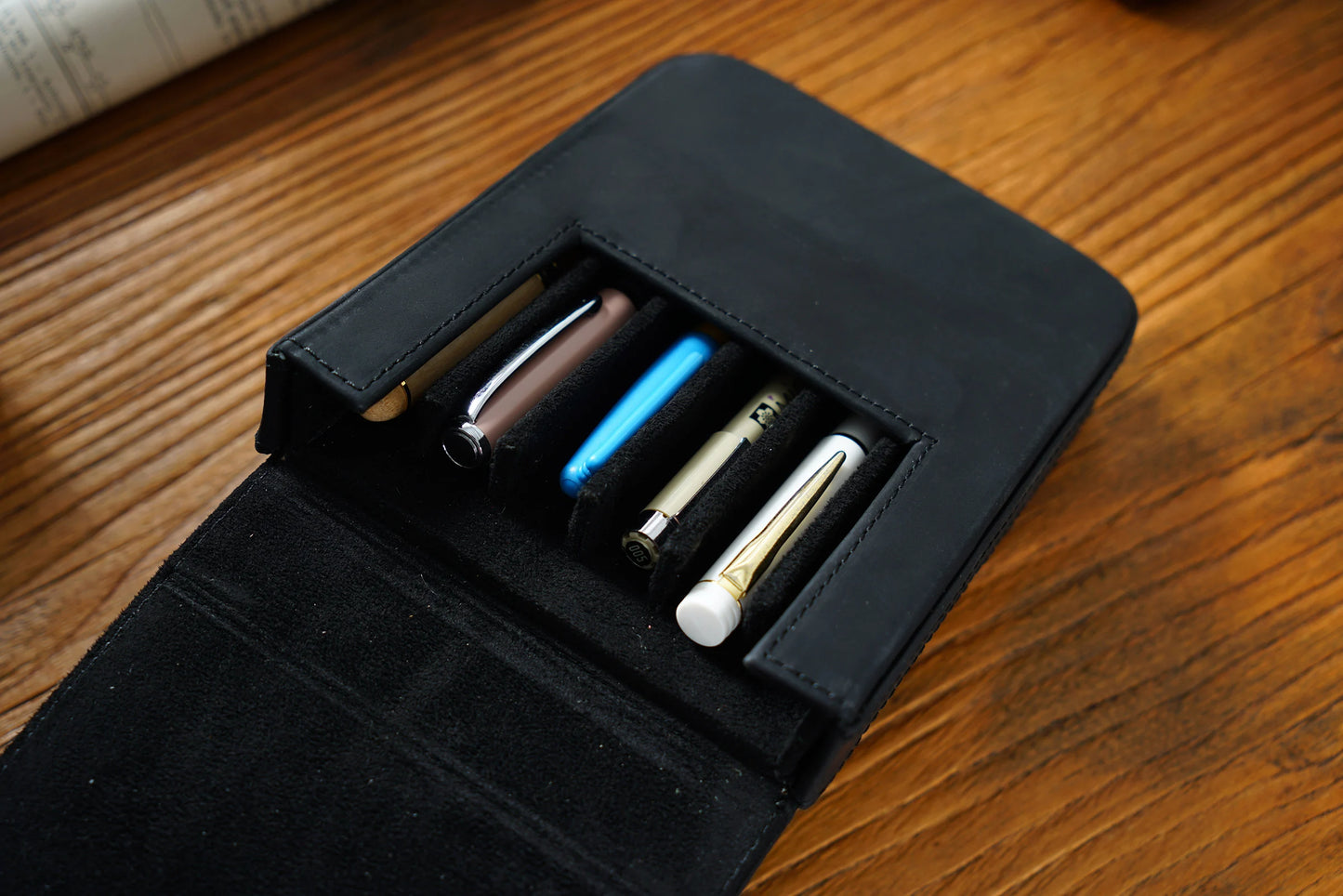 Vintage Genuine Leather Pen Pouch – 6-Slot Removable Tray Case