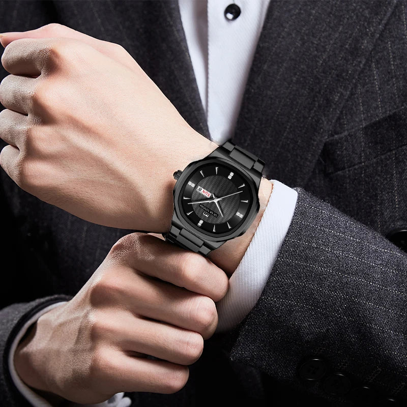 Luxury Diamond Men’s Watch – Stainless Steel Dual Date & Week Display