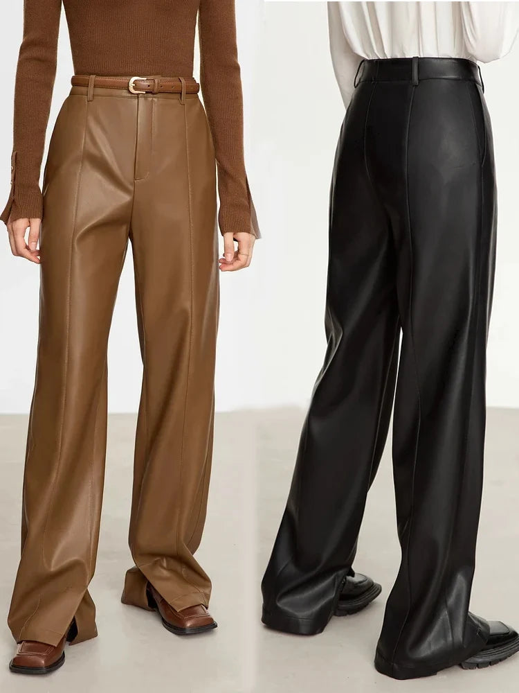 Women’s PU Leather Casual Pants – Loose Straight Floor-Length Trousers