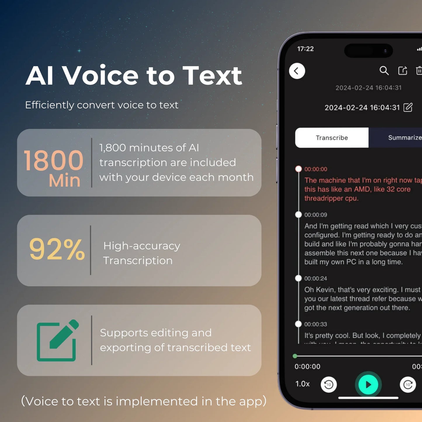 AI Voice & Call Recorder – Speech-to-Text, 64GB, 100 Languages