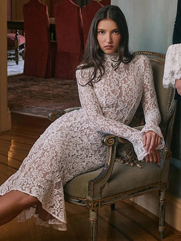Women’s Elegant Lace Bodycon Dress – Long Sleeve Fishtail Evening Dress
