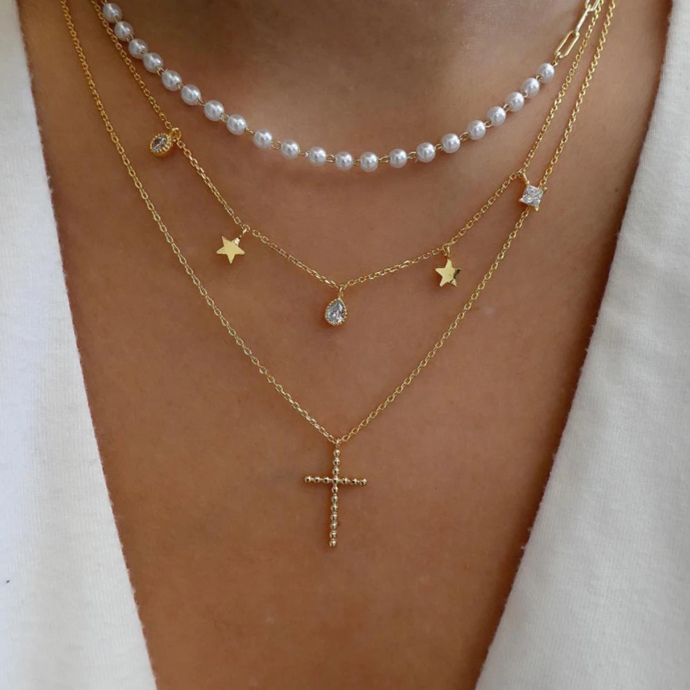 Layered Gold Tone Necklace Set – 5pcs Braided & Beaded Chains