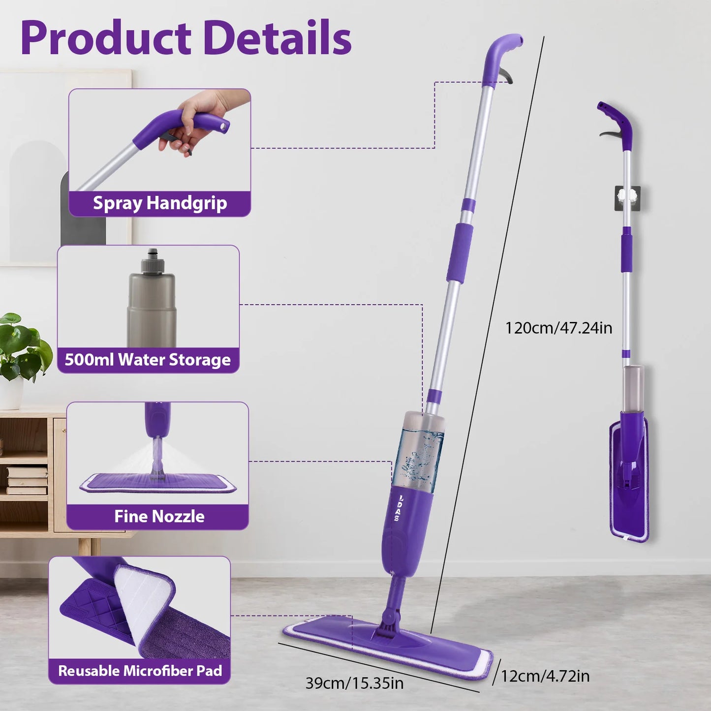 DARIS Spray Mop – 500ml Refillable Bottle, 3 Microfiber Pads