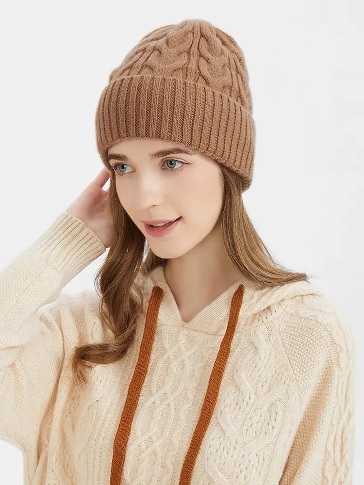 Thick Knitted Wool Beanie – Warm Solid Color Winter Hat
