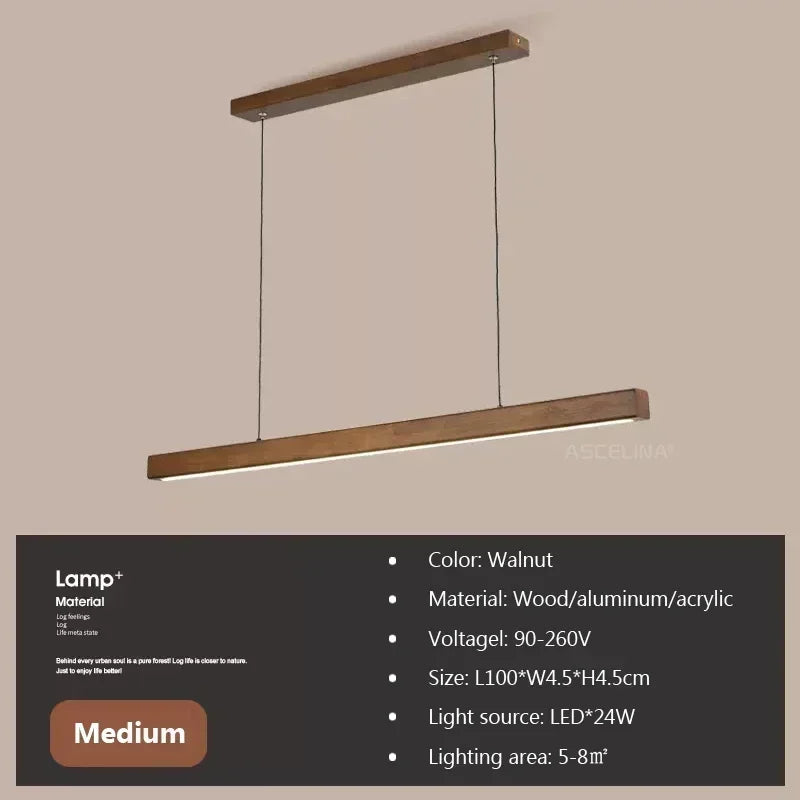Nordic Wood LED Pendant Light – Long Strip Dining Table Fixture
