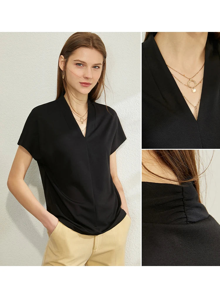 Women’s Classic V-Neck Short Sleeve T-Shirt – Casual Solid Stretch Top