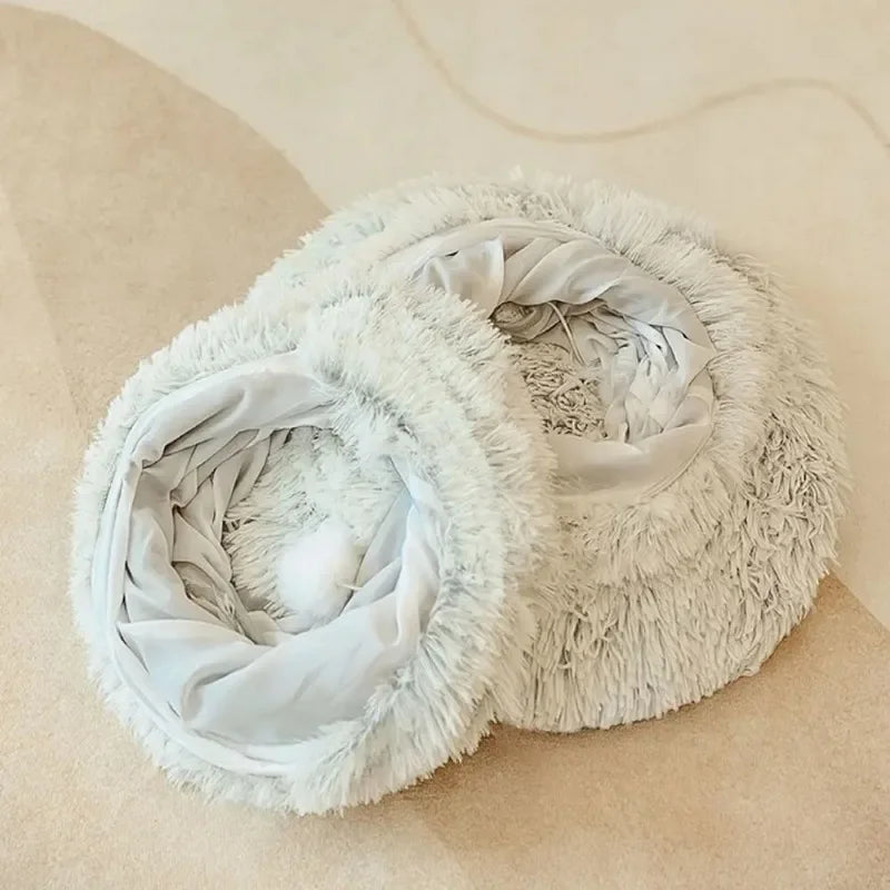 Plush Donut Cat Bed with Tunnel & Peephole – Indoor Fluffy Hideout