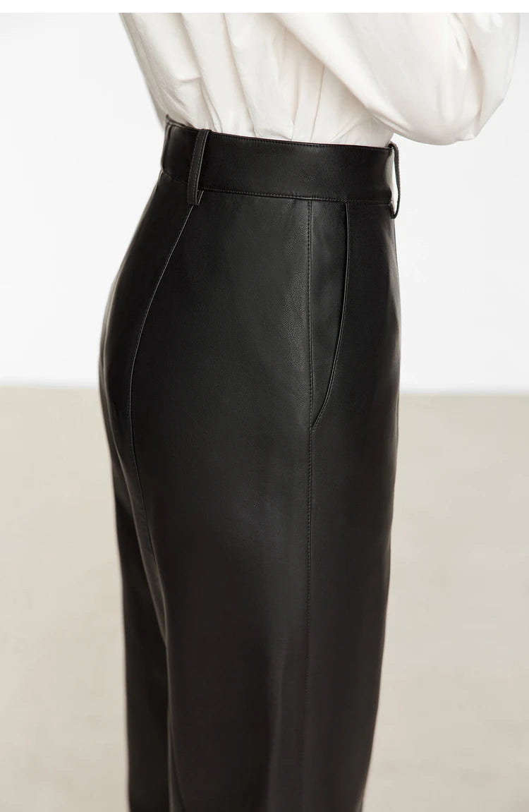 Women’s PU Leather Casual Pants – Loose Straight Floor-Length Trousers