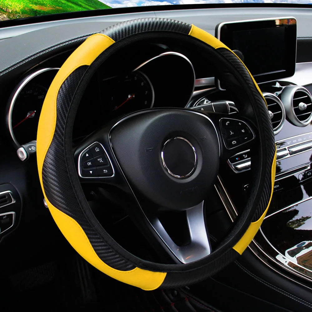 PU Carbon Fiber Leather Steering Wheel Cover 14.5–15 Inch Car Accessory