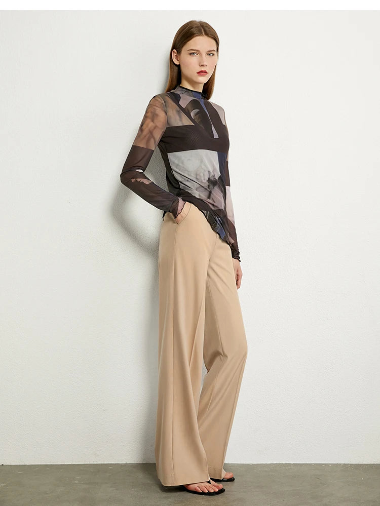 Women’s Long Sleeve Mesh Print T-Shirt – Slim Trendy Spring Top