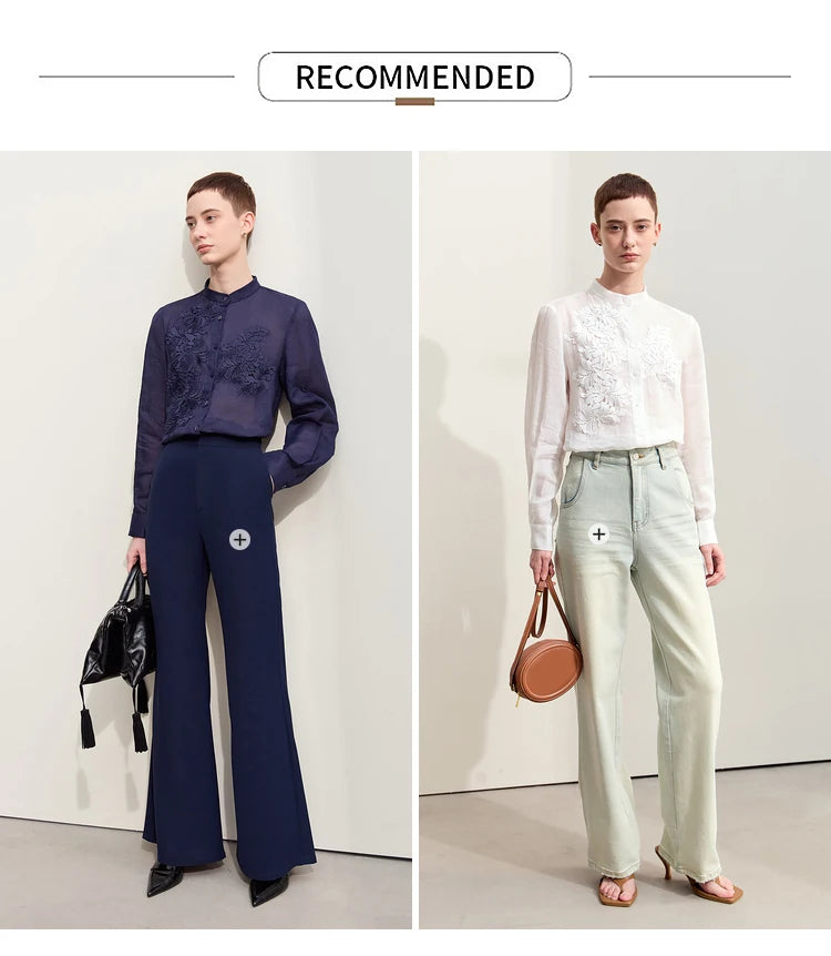 Women’s Autumn Stand Collar Lace Shirt – Elegant Shell Button Blouse
