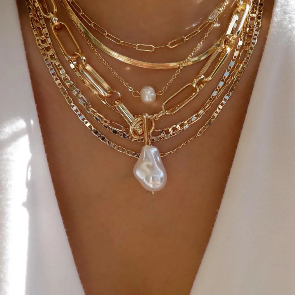 Layered Gold Tone Necklace Set – 5pcs Braided & Beaded Chains