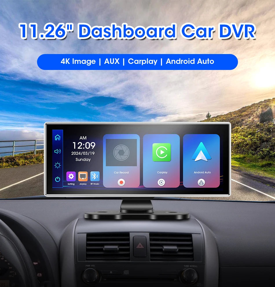 4K Dual Lens Car DVR Dash Cam with CarPlay, Android Auto, GPS, WiFi