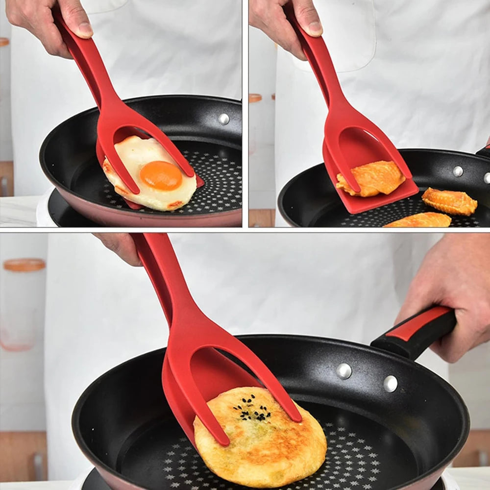 2-in-1 Grip Flip Spatula Tongs - Nylon Non-Stick Egg Flipper for Pancakes, Fish