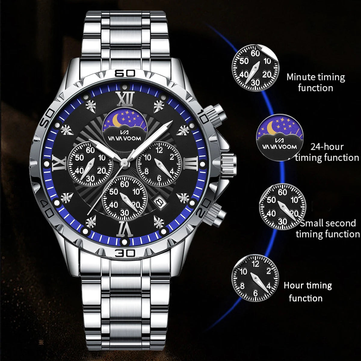 43mm Stainless Steel Men’s Quartz Watch – Diamond Night Glow