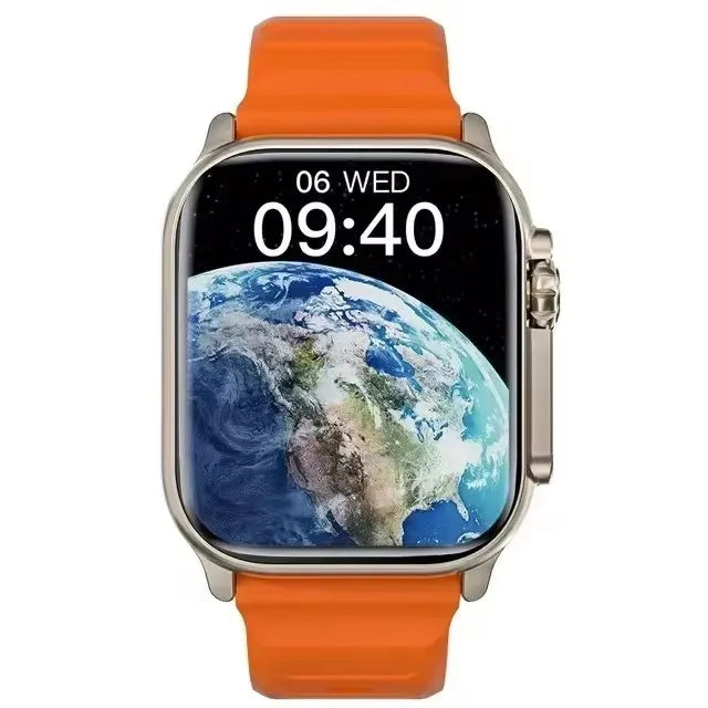 Smartwatch with an orange band displaying a world map on the screen.