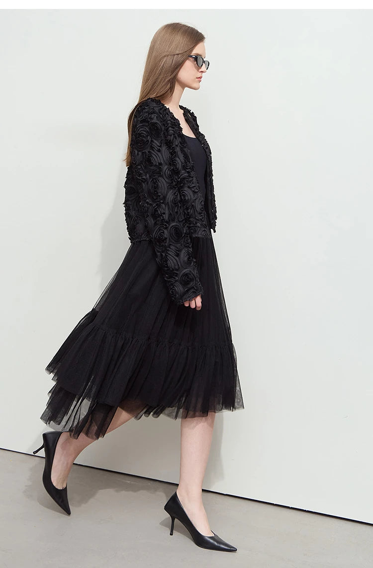 Women’s Elegant Short Jacket – Romantic Flower O-Neck Hook Button Coat
