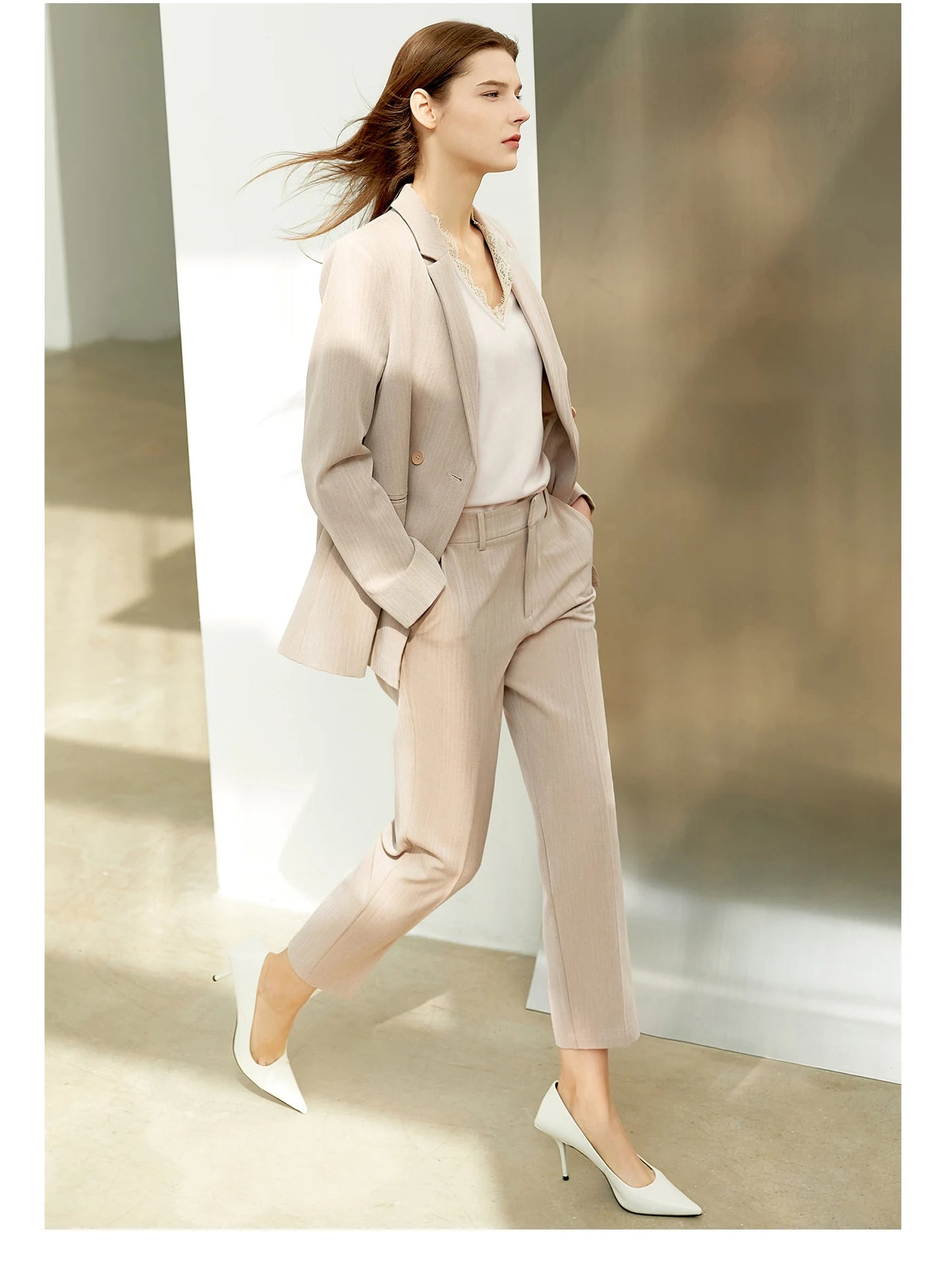 Women’s Office Blazer Set – Lace V-Neck Top & High Waist Pants