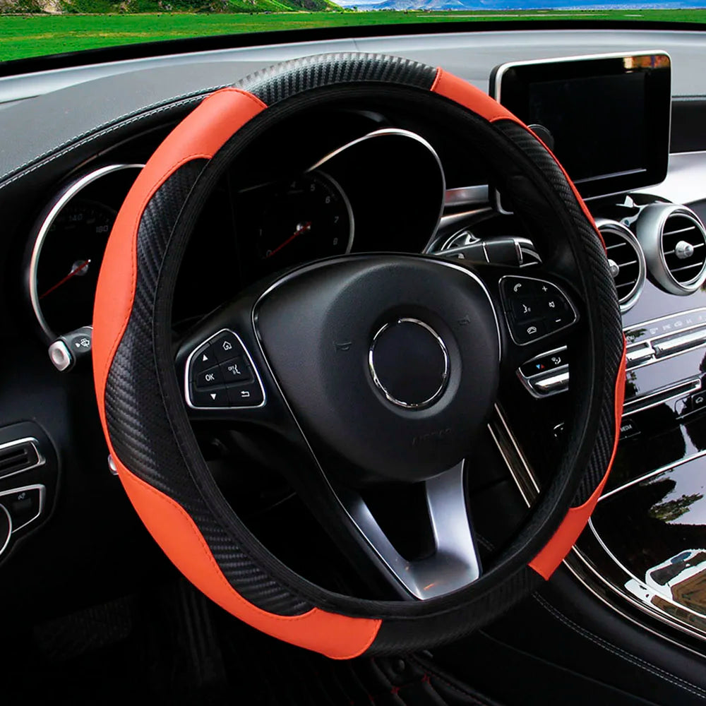 PU Carbon Fiber Leather Steering Wheel Cover 14.5–15 Inch Car Accessory