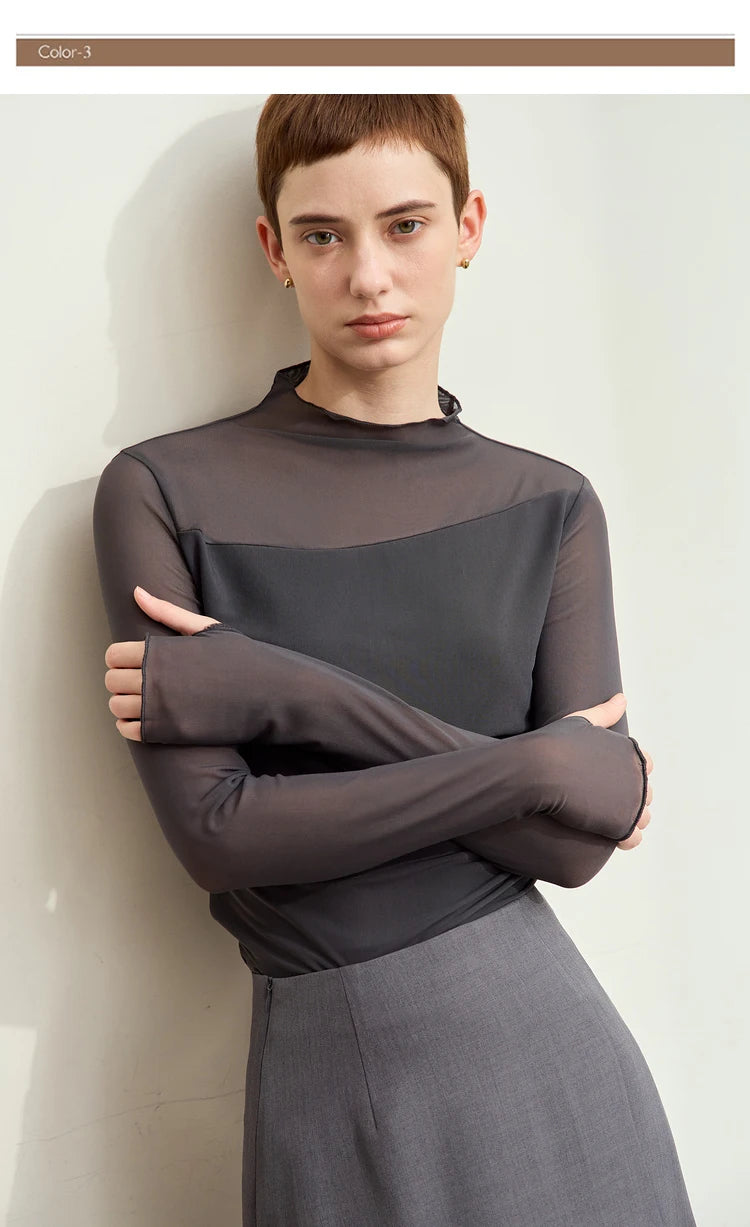 Women’s Mesh Half-High Neck Slim T-Shirt – Retro Office Spring Top