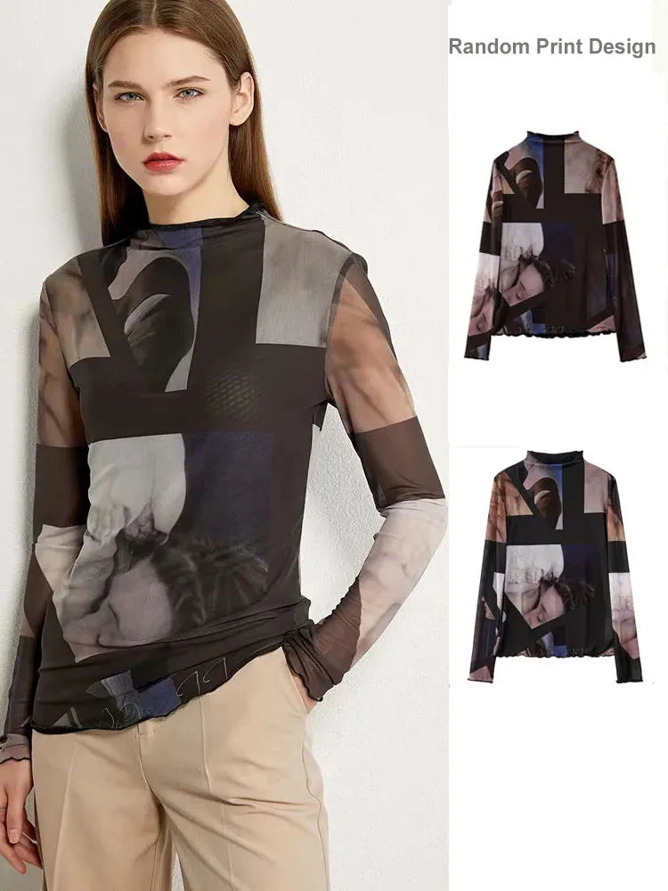 Women’s Long Sleeve Mesh Print T-Shirt – Slim Trendy Spring Top