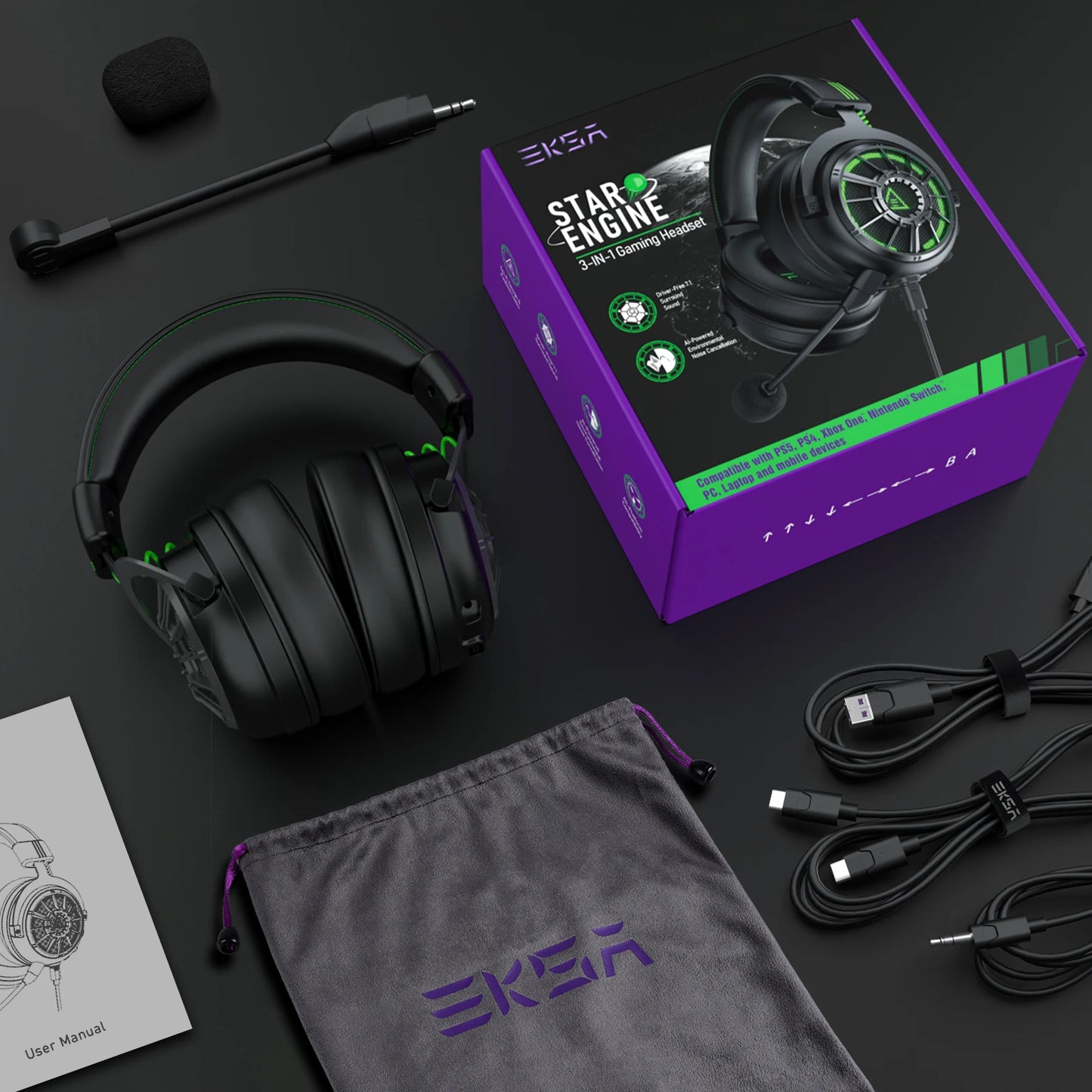 Cartmela E5000 Pro Gaming Headset – 7.1 Surround Sound, ENC Mic