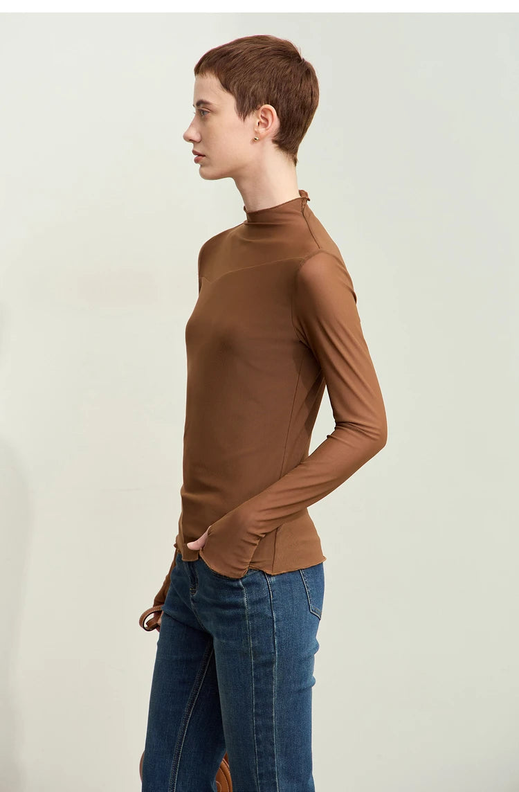 Women’s Mesh Half-High Neck Slim T-Shirt – Retro Office Spring Top