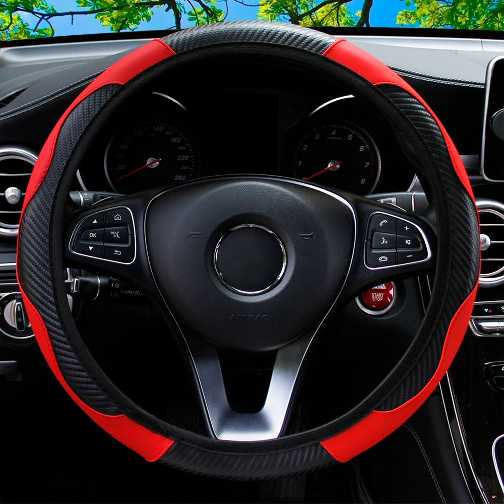 PU Carbon Fiber Leather Steering Wheel Cover 14.5–15 Inch Car Accessory