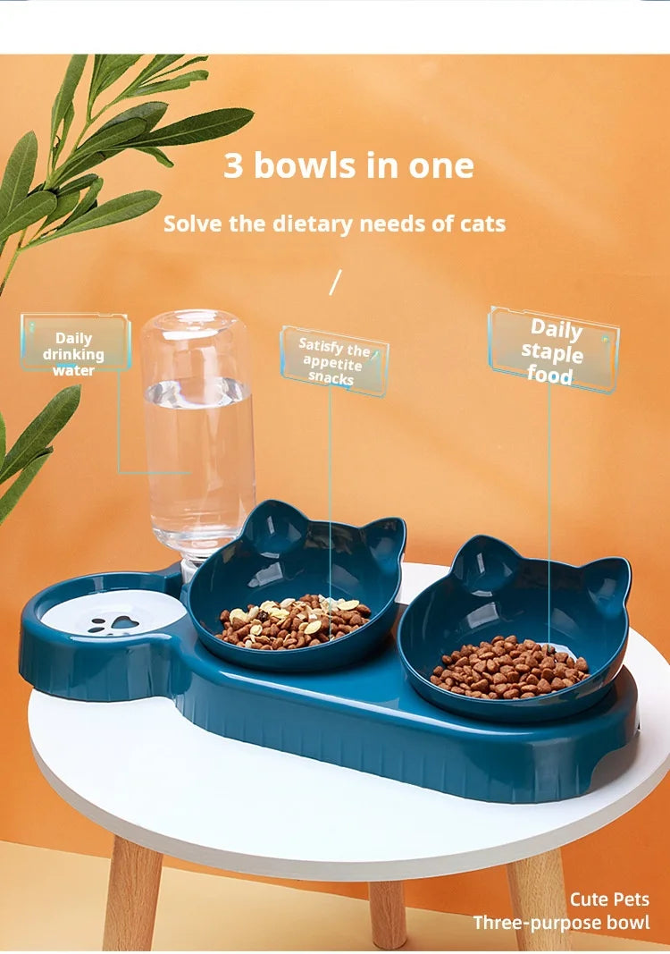 3-in-1 Cat Bowl Set with Tilted Design & Gravity Water Feeder