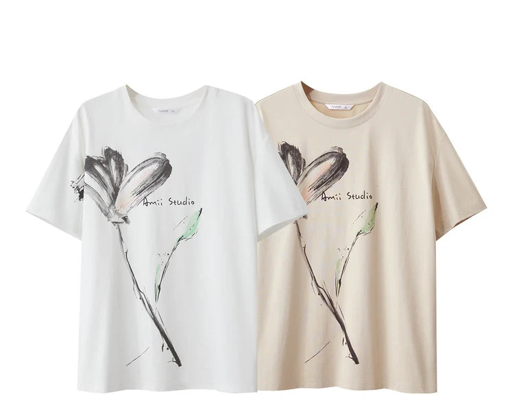 Women’s Summer Ink Art Print T-Shirt – Loose O-Neck Cotton Tee