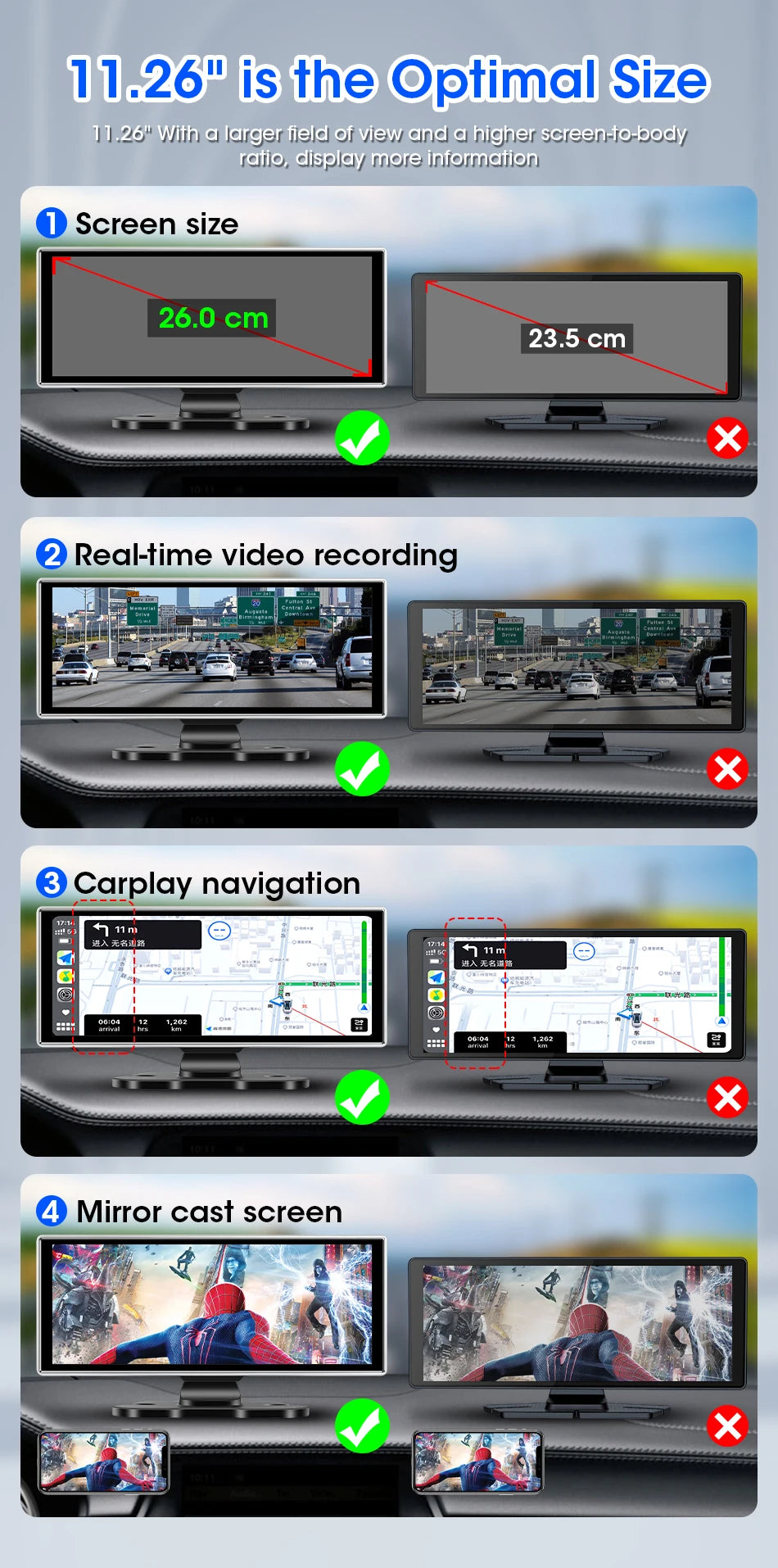 4K Dual Lens Car DVR Dash Cam with CarPlay, Android Auto, GPS, WiFi