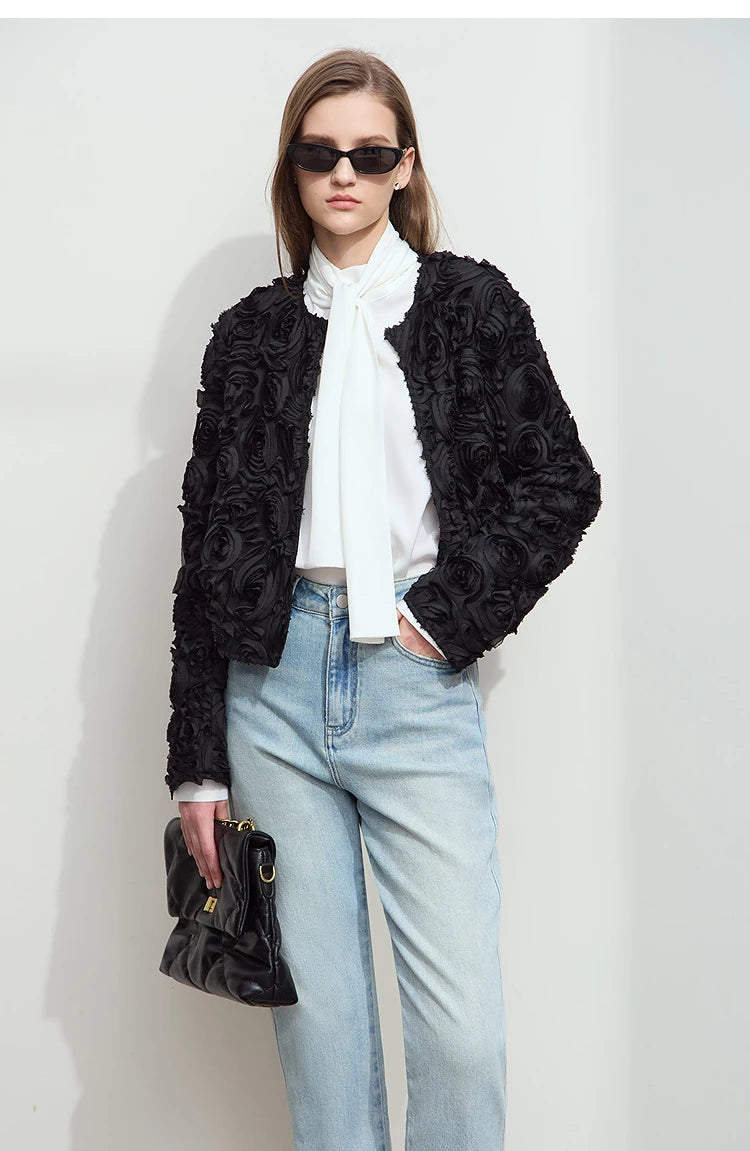 Women’s Elegant Short Jacket – Romantic Flower O-Neck Hook Button Coat