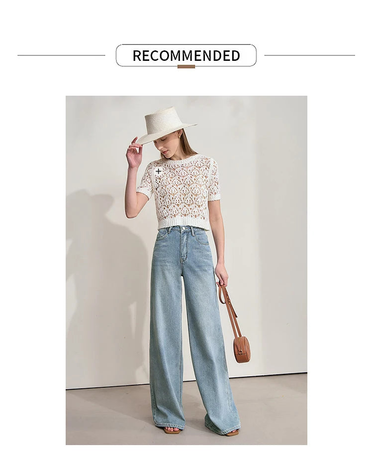 Women’s Blue Wide Leg Denim Jeans – Low Waist Loose Casual Trousers