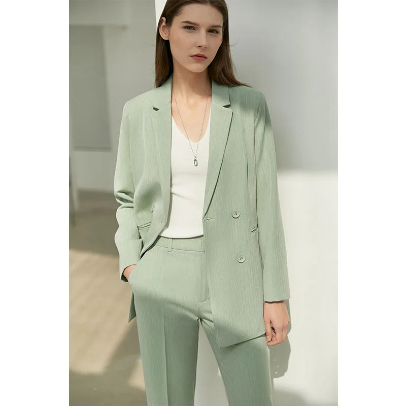 Women’s Office Blazer Set – Lace V-Neck Top & High Waist Pants