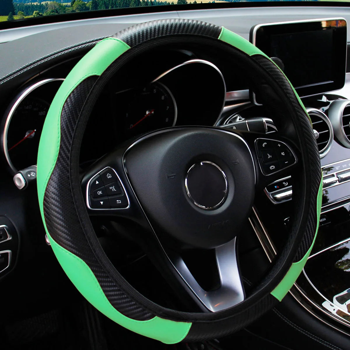 PU Carbon Fiber Leather Steering Wheel Cover 14.5–15 Inch Car Accessory