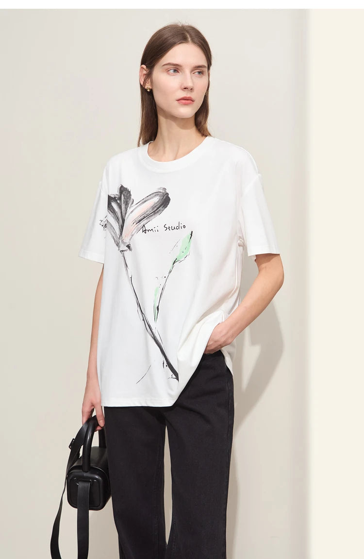 Women’s Summer Ink Art Print T-Shirt – Loose O-Neck Cotton Tee
