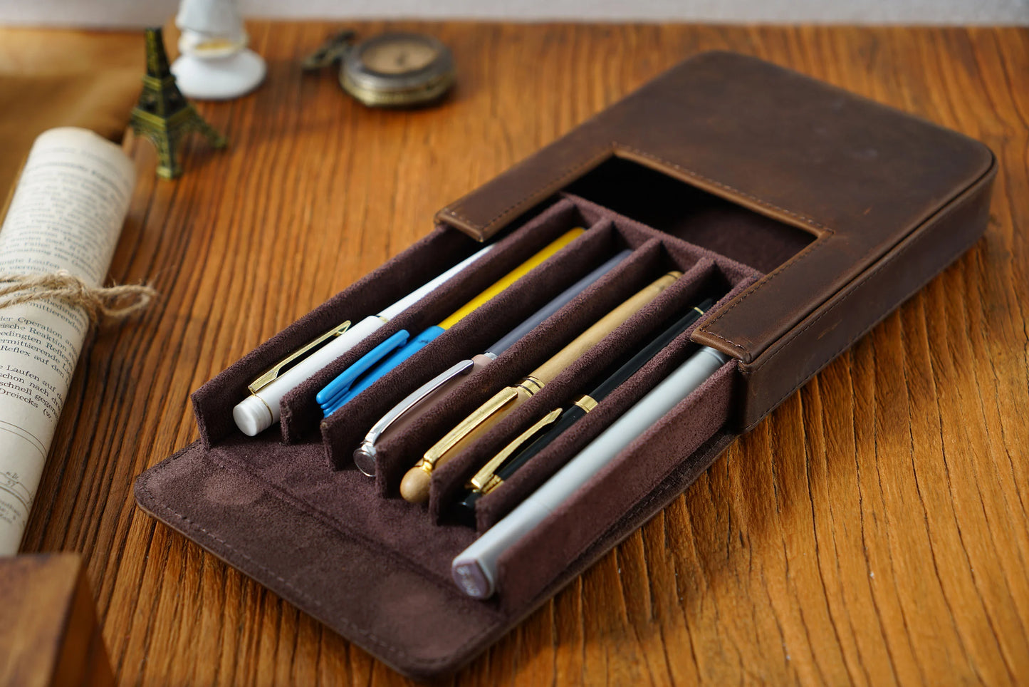 Vintage Genuine Leather Pen Pouch – 6-Slot Removable Tray Case