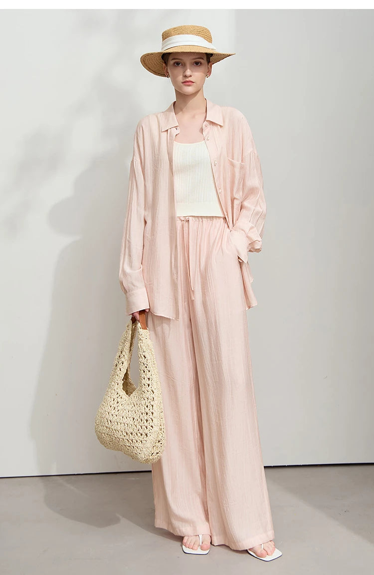 Women’s Casual Shirt & Wide Leg Pants – Spring Basic Separate Set