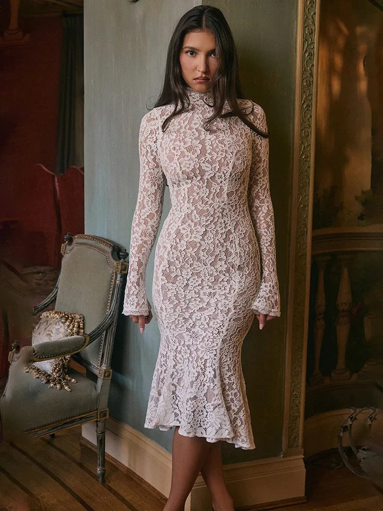 Women’s Elegant Lace Bodycon Dress – Long Sleeve Fishtail Evening Dress