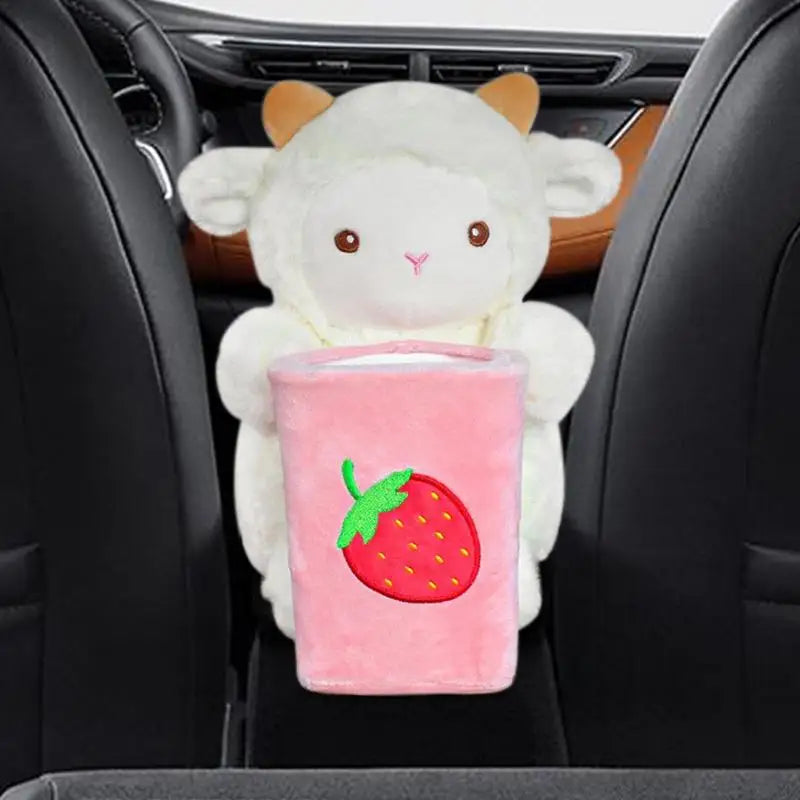 Cute Plush Animal Car Tissue Box & Trash Can Storage Organizer