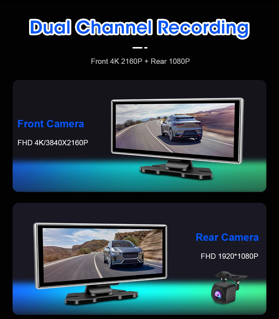 4K Dual Lens Car DVR Dash Cam with CarPlay, Android Auto, GPS, WiFi