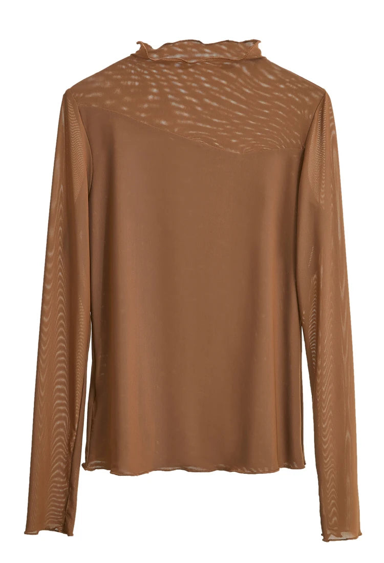 Women’s Mesh Half-High Neck Slim T-Shirt – Retro Office Spring Top