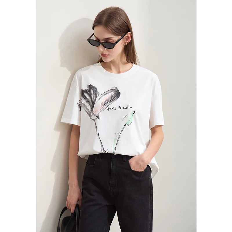 Women’s Summer Ink Art Print T-Shirt – Loose O-Neck Cotton Tee