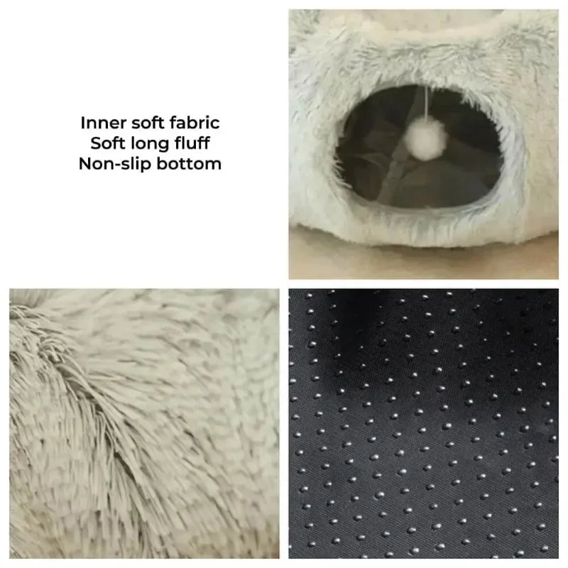 Plush Donut Cat Bed with Tunnel & Peephole – Indoor Fluffy Hideout