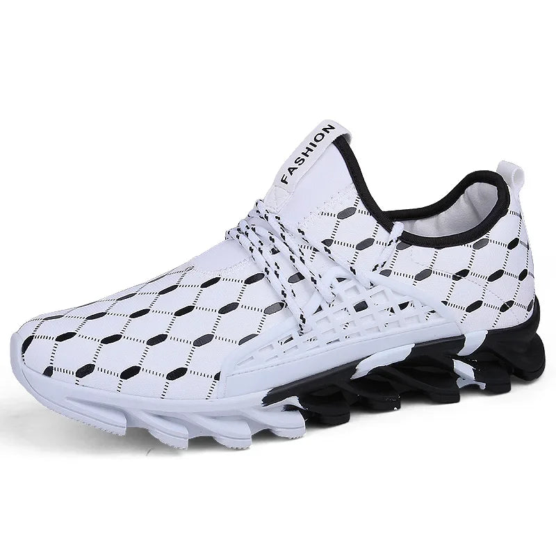 White and black sneaker with geometric pattern on a white background